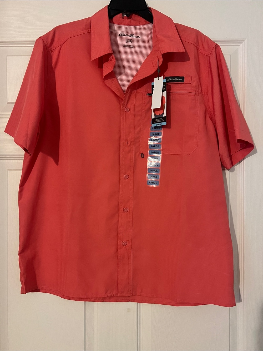 Eddie Bauer Men's Button-Down Short Sleeve Shirt in Coral Red